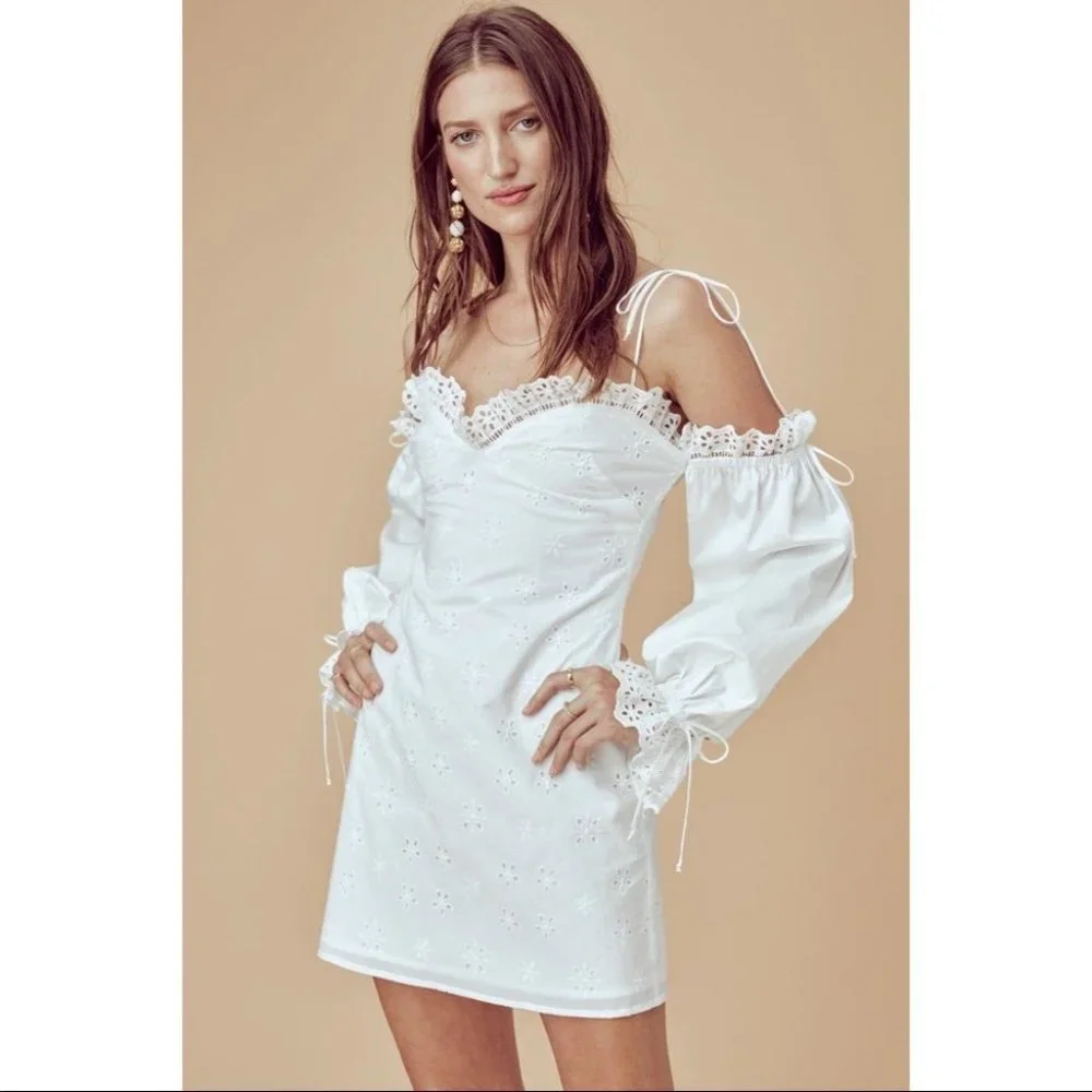 For Love & Lemons Vera Eyelet Ruffle Lace Mini Dress White Size Small - Picture 5 of 16